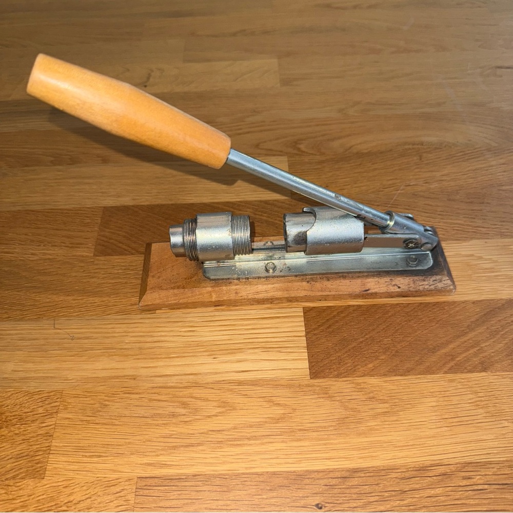 Vintage Heavy Duty Lever Action Nut Cracker Metal on Oak wood Base